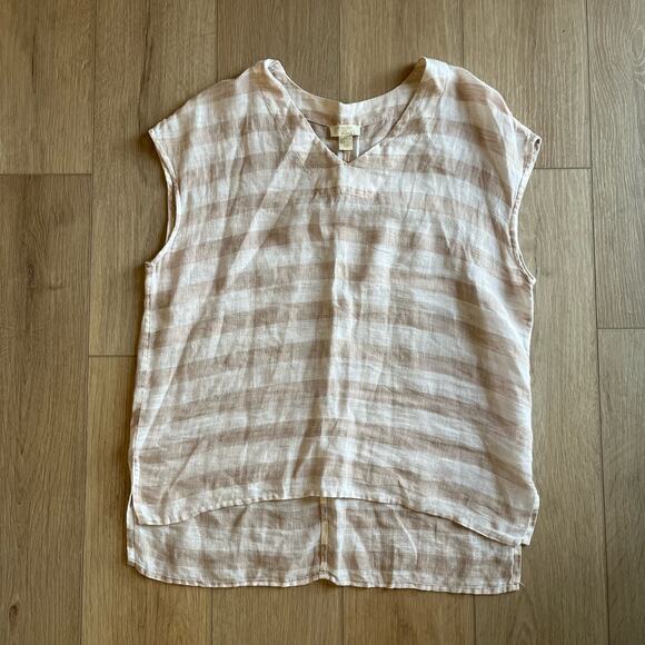 St. Tropez Tan & White Sleeveless 100% Linen High Low Popover Size Medium - Picture 1 of 6